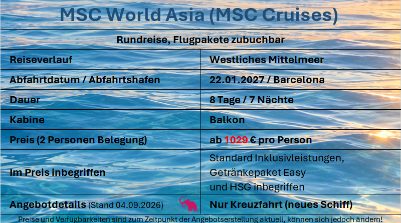 Mittelmeer Runde MSC World Asia 220127