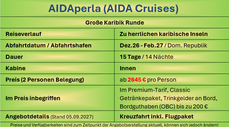 Karibikinseln ab Barbados oder der Dominikanischen Republik AIDAperla Karibik Dez-Feb27