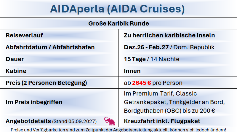 Karibikinseln ab Barbados oder der Dominikanischen Republik AIDAperla Karibikrunde Dez-Feb27