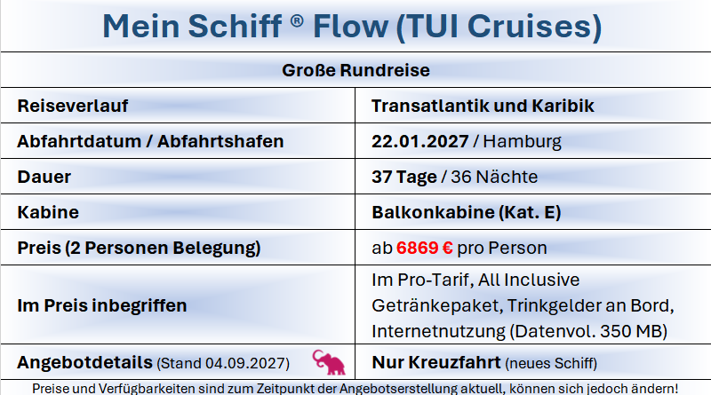 Transatlantik & Karibik TUI Cruises MS Flow 220127