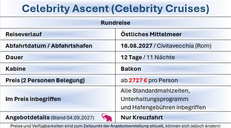 Luxus-Kreuzfahrt Celebrity Ascent 160827