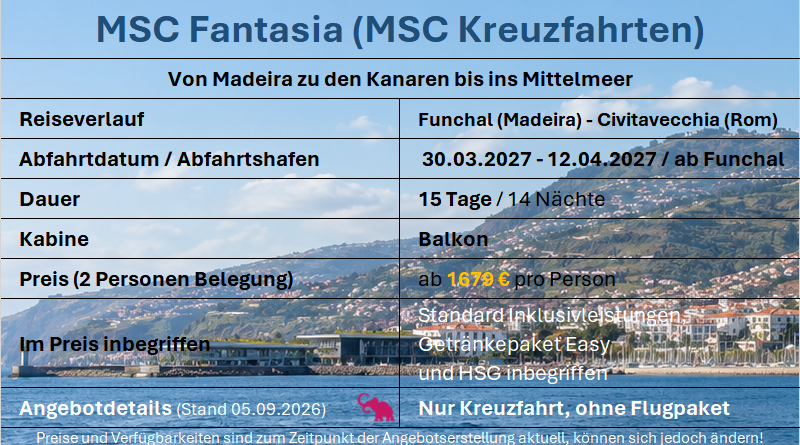 Madeira, Kanaren & Mittelmeer MSC Fantasia Kanaren & MM 300327