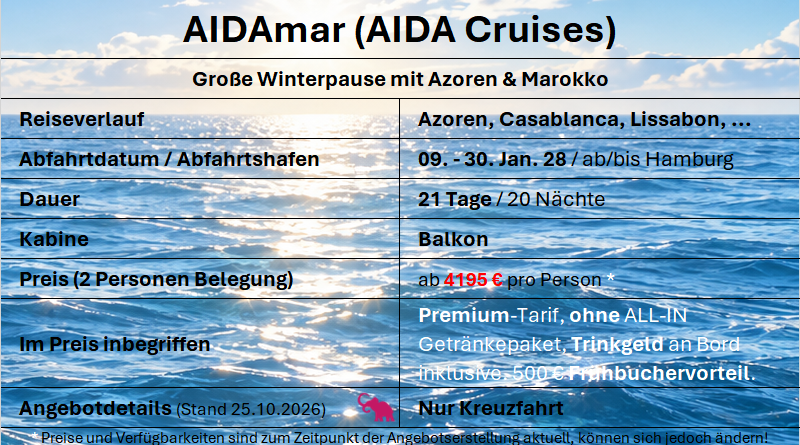 26 AIDAmar Azoren & Marokko Jan. 2028