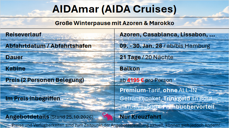 26 AIDAmar Azoren & Marokko Jan. 2028